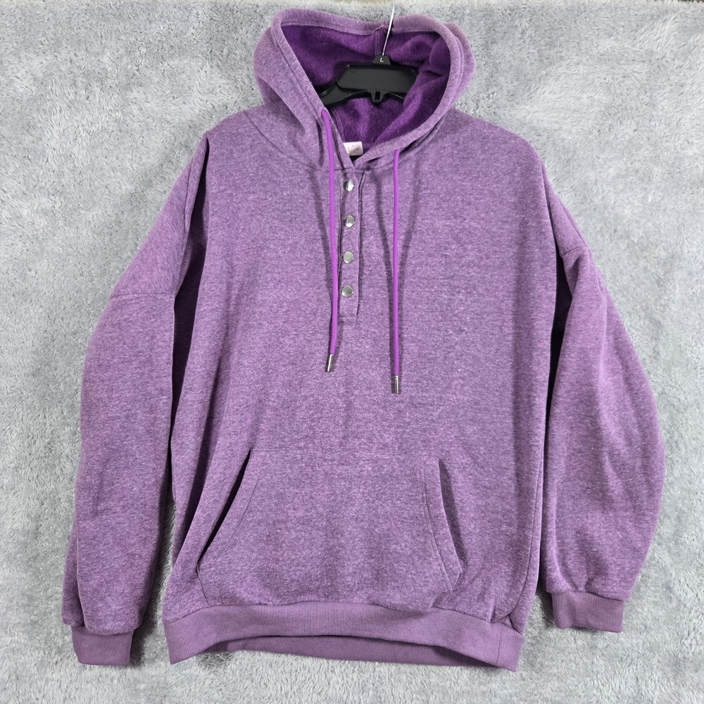 Moshu Womens Purple Heathered Snap Henley Hoodie Sweatshirt Size Large Fleece